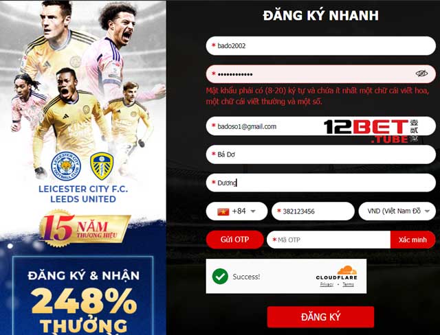 Mẫu đăng ký tài khoản 12bet để vào cá cược trực tuyến.